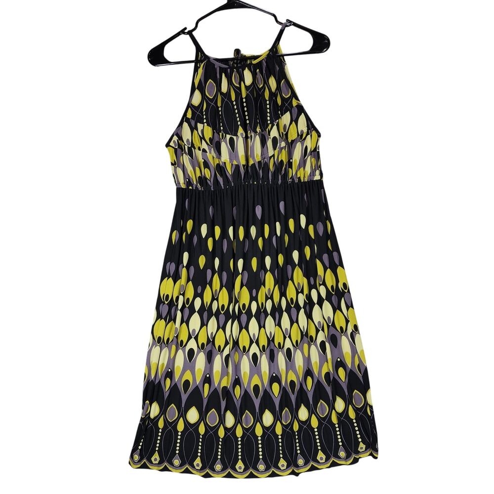 Muse‎ Midi Dress sz 8 Women Swing A-Line Yellow Black Abstract Fit Flare Jersey